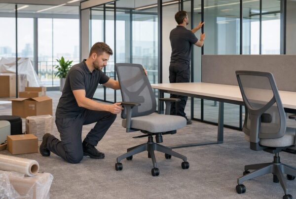 equipe instalando mobiliário em projeto corporativo