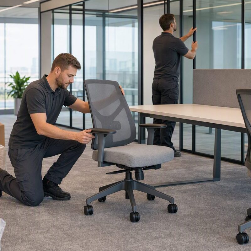 projeto corporativo do piso ao teto em Projeto Corporativo do Piso ao Teto: Da Especificação à Instalação equipe instalando mobiliário em projeto corporativo