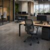 Estações de trabalho corporativas com cadeiras ergonômicas em ambiente amplo