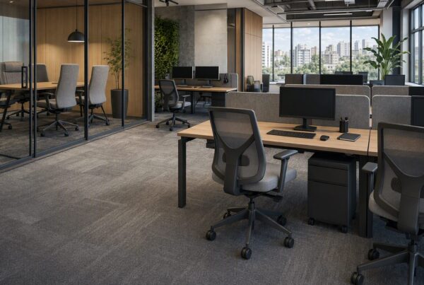 Estações de trabalho corporativas com cadeiras ergonômicas em ambiente amplo