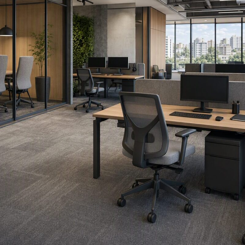 especificacao de cadeira por funcao em Especificação de cadeira por função: a matriz que evita comprar errado Estações de trabalho corporativas com cadeiras ergonômicas em ambiente amplo